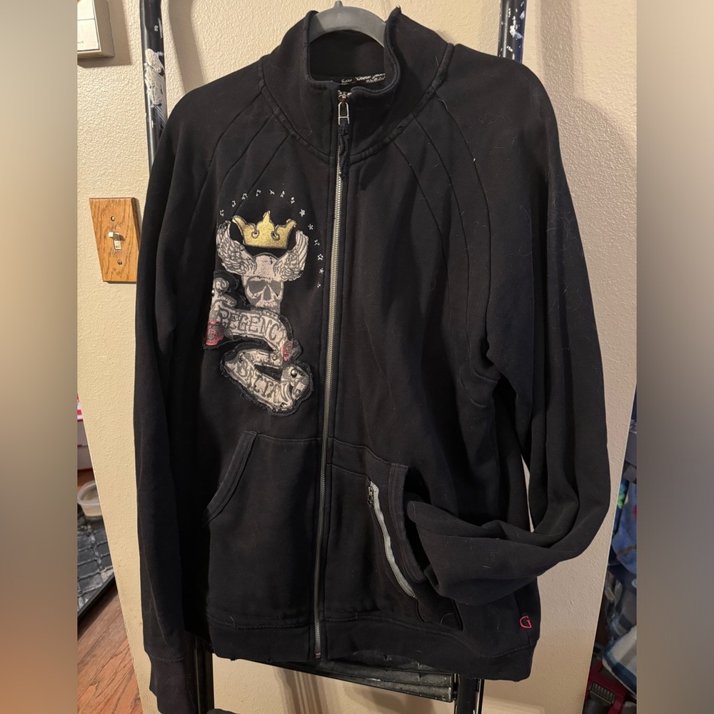 Guess zip up sweatshirt, skull detailing, sz L,